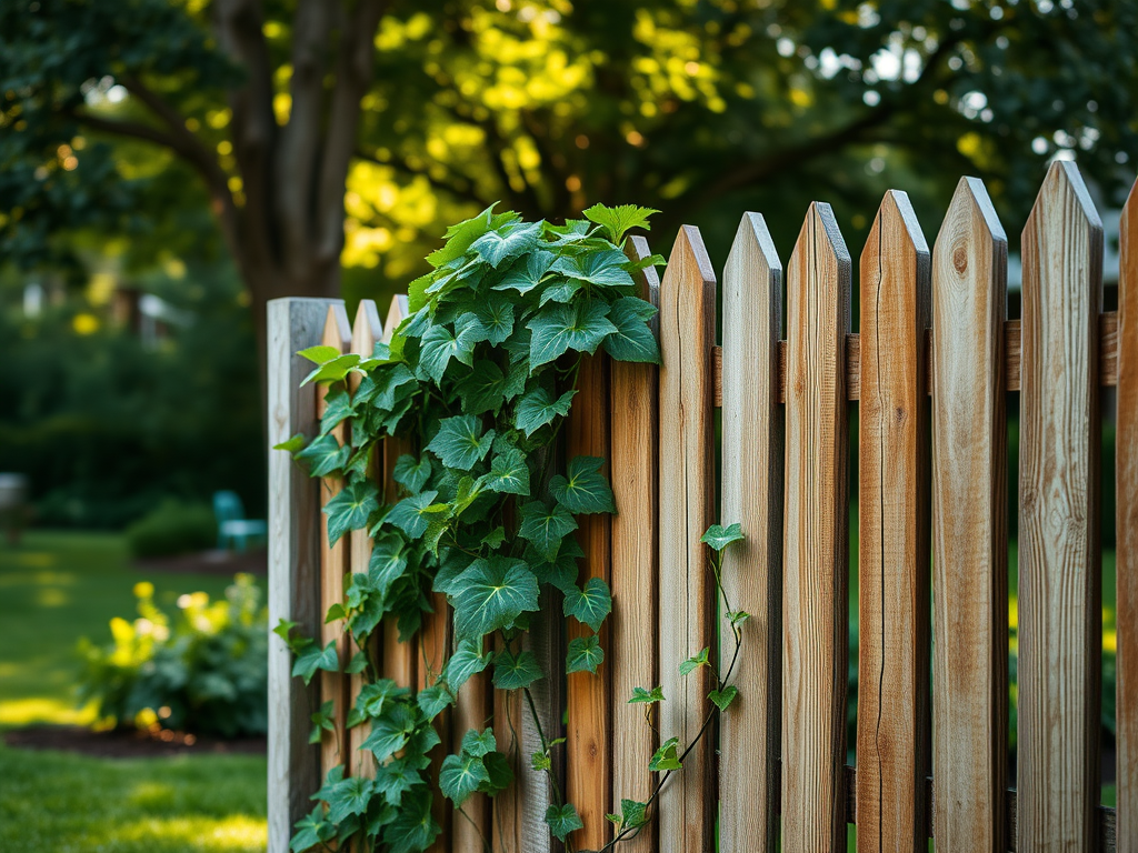 Wooden picket fence with climbing ivy in a lush backyard setting.